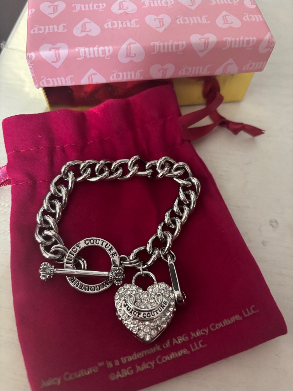 Juicy Couture Silver Tone Chain Bracelet with Crystal Heart Charm